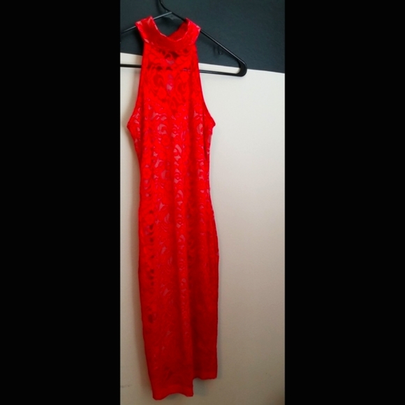 NEW LISTING! Red Nude Illusion Lace Mock Neck Dress - Picture 15 of 17